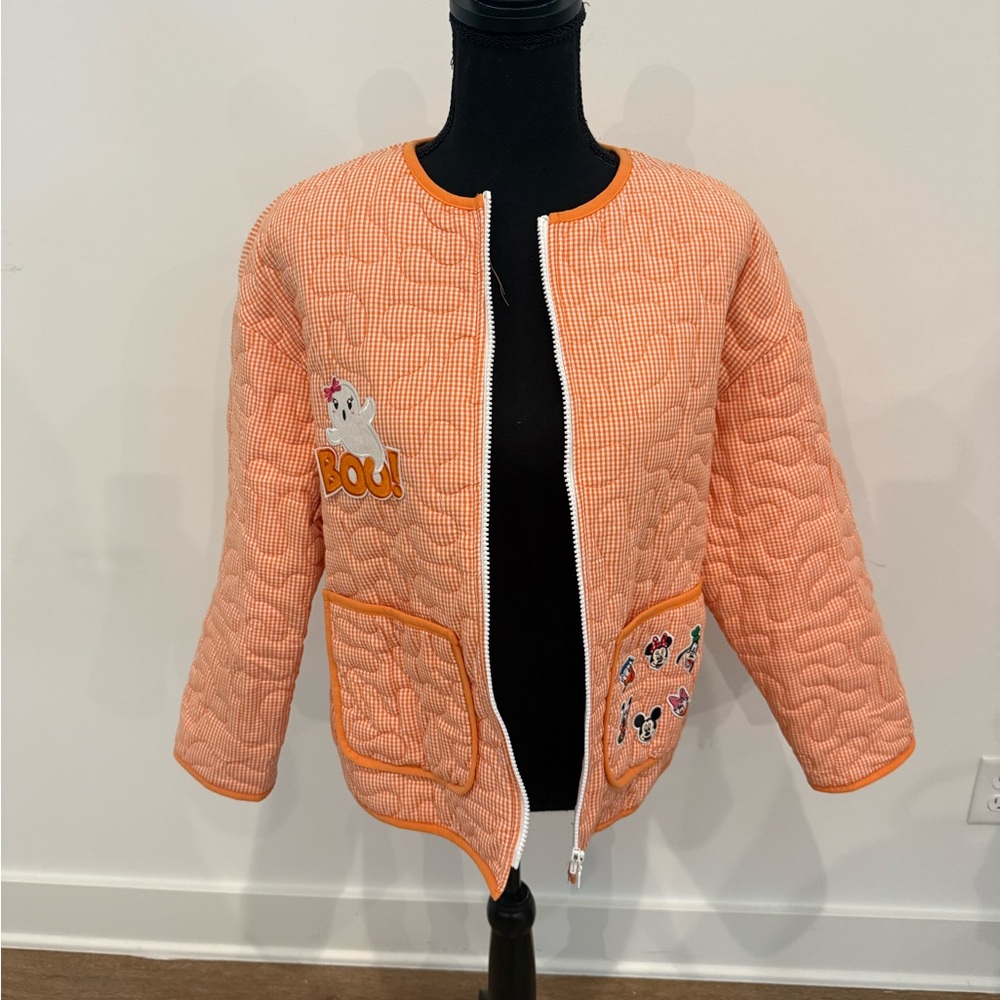 Orange quilted jacket with ironed on Disney patches size small new condition - Picture 3 of 7